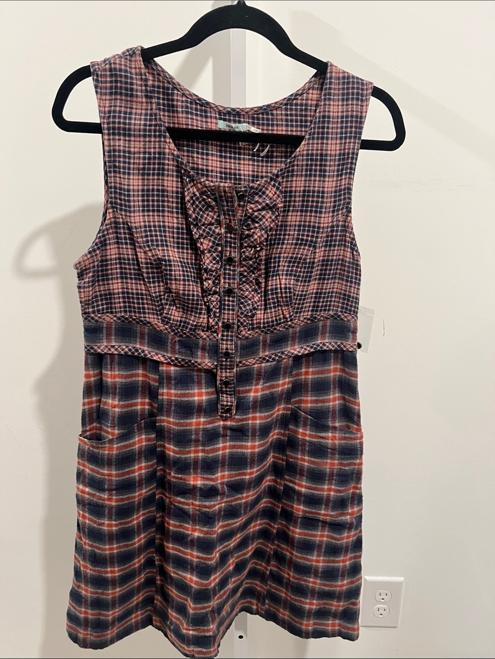 Kimchi Blue Plaid Sleeveless Midi Dress in Navy and Rust Size 10 NWOT